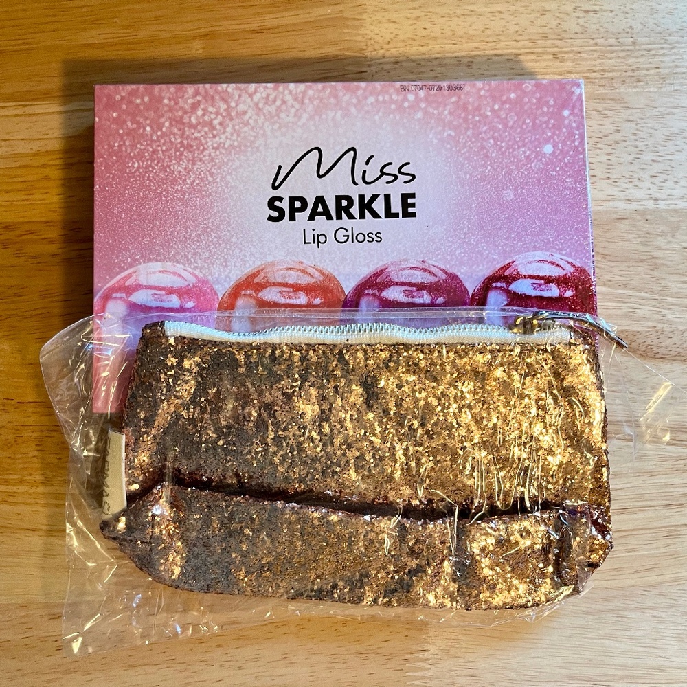 Miss Sparkle Lip Gloss Plus Rose Gold Makeup Bag